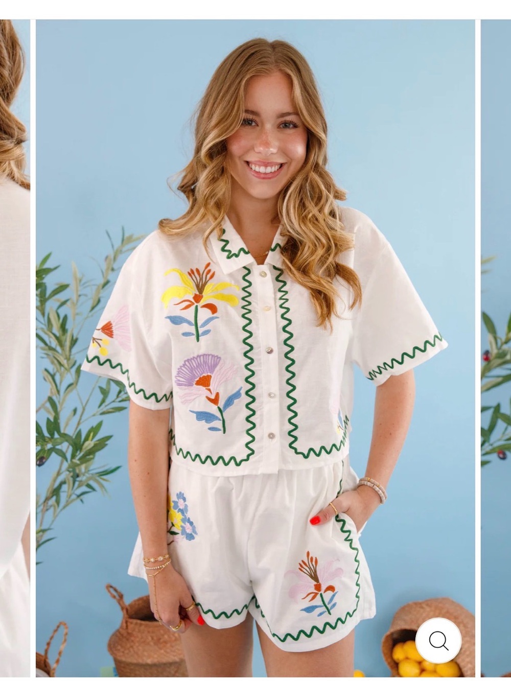 White Embroidered Two-Piece Set with Green Scallop Trim